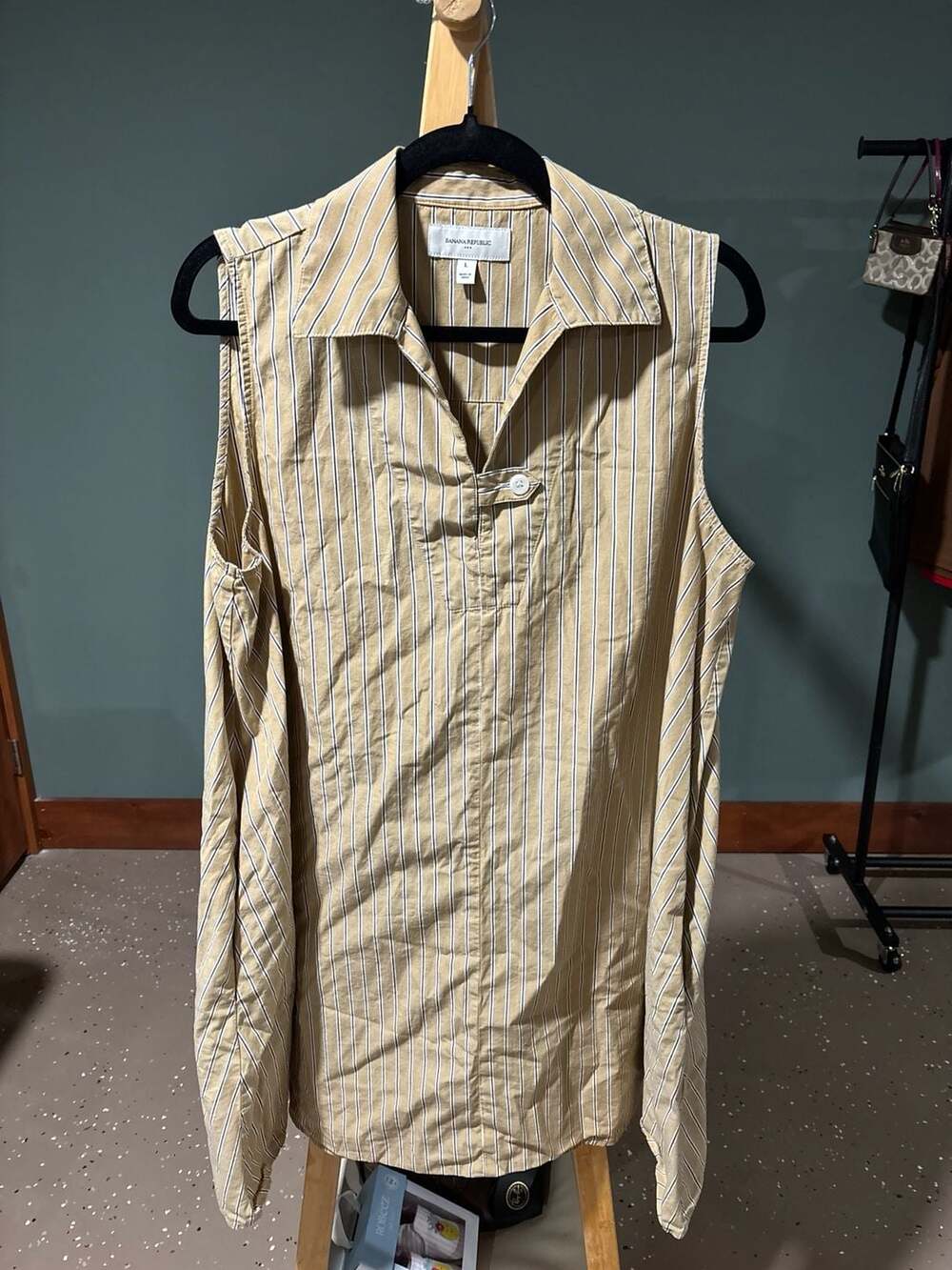 Banana Republic Sleeveless Striped Shirt Dress Tan White Black Size L